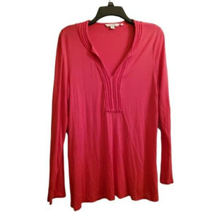Boden Popover Pink Blouse Split V Neck Long Sleeve Top Barbiecore